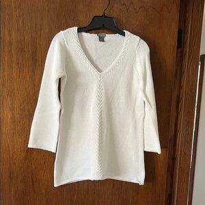 Ann Taylor White Cotton 3/4 Sleeve V-Neck Sweater